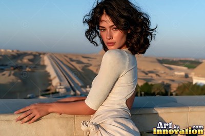 Dark curls frame the face of a woman leaning over a rooftop wall above desert sands