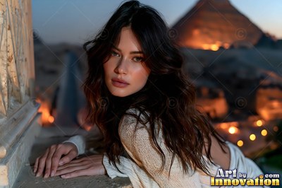 A dark-haired woman in a cream top lies outside near the pyramids at dusk