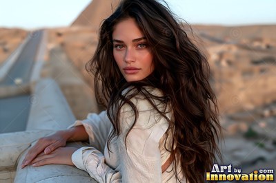 Before a distant pyramid, a woman with long dark hair leans on a stone ledge