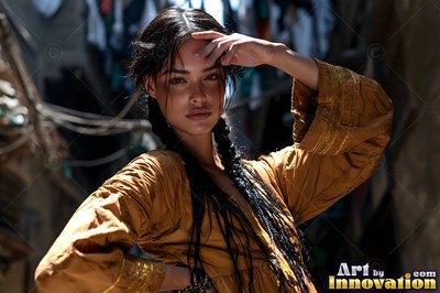 Braided dark hair frames a woman in a mustard gold dress resting her hand on her forehead in a narrow alley
