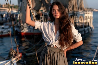 A woman in a white tied shirt stands on a boat at sunset holding rigging ropes