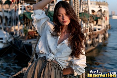 Leaning against boat rigging, a woman in a tied white shirt looks forward