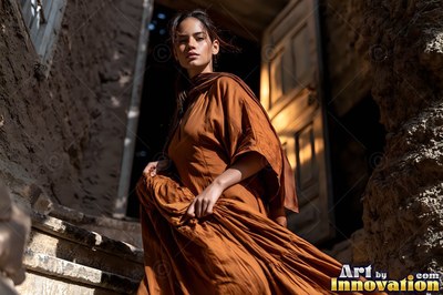 Draped in a rust brown dress, a woman pauses on stone steps outside an open wooden door