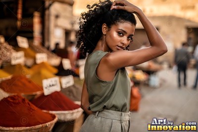 A woman in an olive top touches her curly hair beside bowls of spices in a market