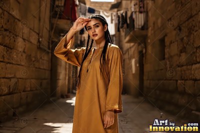 Shading her brow, a braided woman in a gold tunic stands in a narrow stone alley