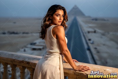 A woman in a cream dress leans on a balcony near pyramids