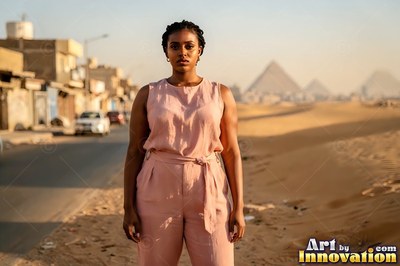 A pink belted jumpsuit on a woman standing on a desert street near the pyramids