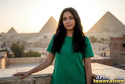 On a rooftop before pyramids, a woman in a green shirt rests her hand on stone