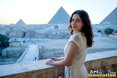 Leaning on a terrace ledge, a woman in beige looks out over Giza pyramids