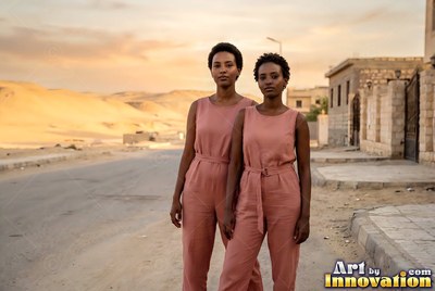 Two women stand together on a desert road wearing matching pink jumpsuits