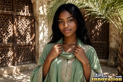 A young woman holds her sage green scarf in soft sunlight outdoors
