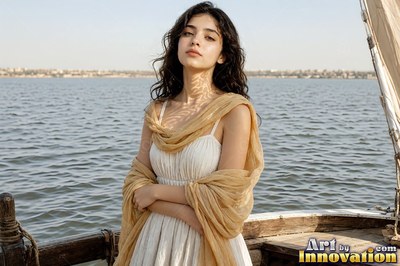 A woman in a white dress and gold shawl stands on a wooden boat on the water