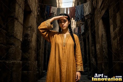 In a stone alley, a young woman in an ochre tunic shields her eyes