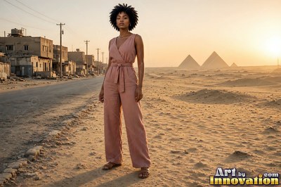 Woman in a pink jumpsuit standing in the desert by pyramids