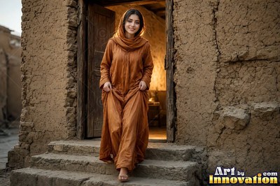A smiling woman walks down stone steps wearing a long brown dress in soft daylight