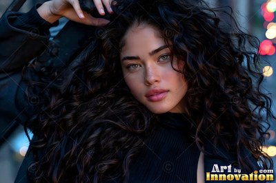 A woman with long curly hair rests her hand on her head before soft city lights