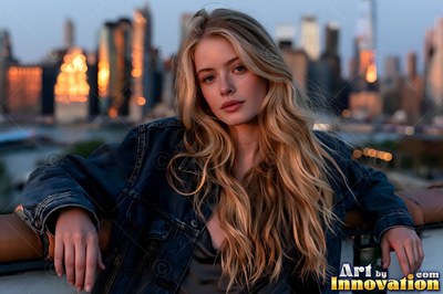 Leaning forward on a Brooklyn rooftop, a blonde woman in a denim jacket rests against a ledge