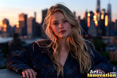 On a rooftop at sunset, a blonde woman in a denim jacket leans forward