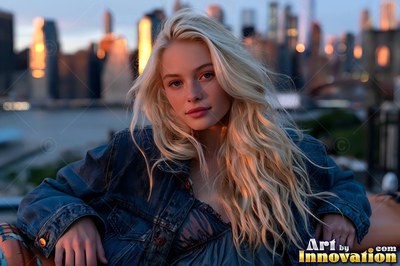 Leaning back on a rooftop at dusk, a blonde woman in a denim jacket rests against the city skyline