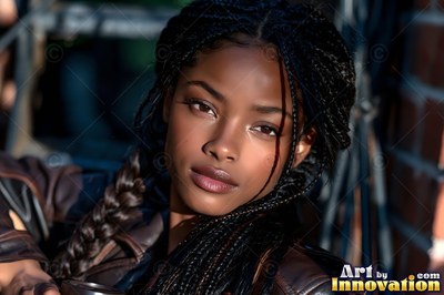 A woman with braided hair sits outside in warm sunlight