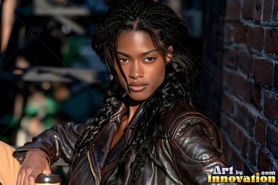Dark braided hair frames a woman in a brown leather jacket against a brick wall