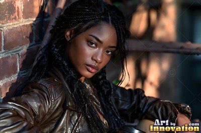 Leaning back against a brick wall, a woman in a brown leather jacket rests in the sun