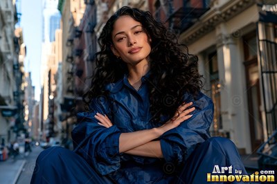 A woman in a blue jacket sits with crossed arms on a paved city street