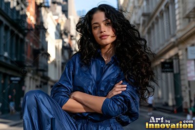 On an urban street, a woman with long dark curls crosses her arms in blue satin