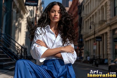 Woman with arms crossed in a white shirt on a city street