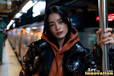 Riding the subway, a woman in a black puffer coat holds a metal pole near the train