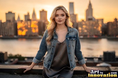 A blonde woman leans on a rooftop ledge against a warm orange sky