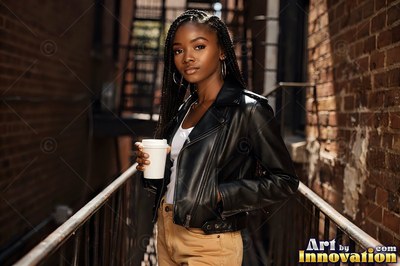 Leaning on a fire escape railing, a woman in a black leather jacket holds coffee