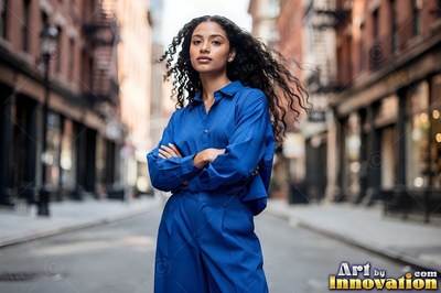 On a street in the city, a woman with curly hair crosses her arms in a royal blue outfit