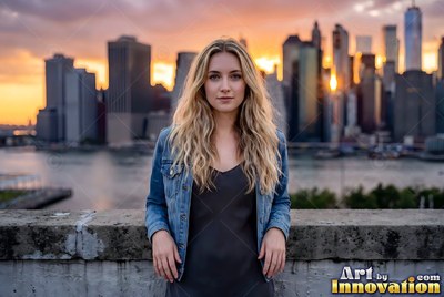 On a rooftop at sunset, a blonde woman in a denim jacket leans against a low wall