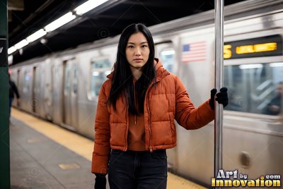 A woman stands on a subway platform wearing a rust jacket under bright overhead lamps