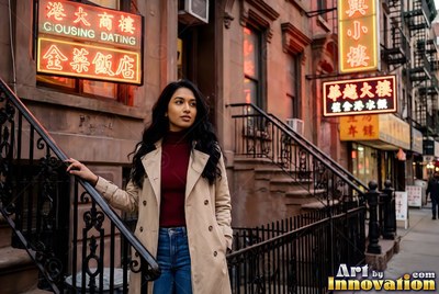 On a brownstone stoop, a woman in a tan coat looks down the street