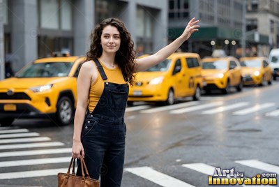 A woman in denim overalls hails a yellow taxi cab on a city street