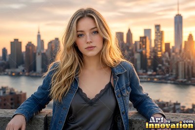 Wearing a denim jacket, a blonde woman leans on a rooftop ledge above the city skyline at sunset