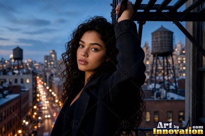 Holding a fire escape ladder, a woman stands above an urban street at dusk