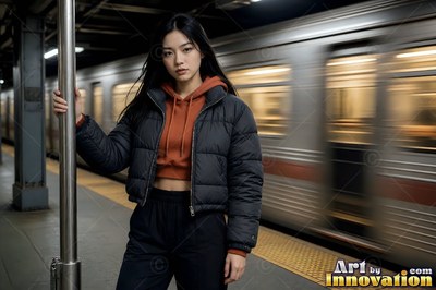 On a subway platform, a young woman in a black puffer coat stands beside a moving train