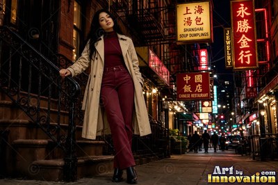 A tan trench coat on a woman leaning on brownstone steps along a city street at night