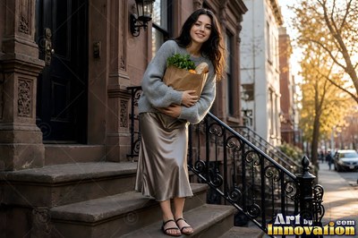 A woman pauses on brownstone steps holding groceries in the warm late light