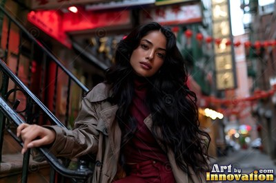 A woman leans on an outdoor railing in an alley lit by red signs