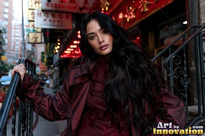 Leaning on metal railing, a woman in a dark coat stands outside a city shop