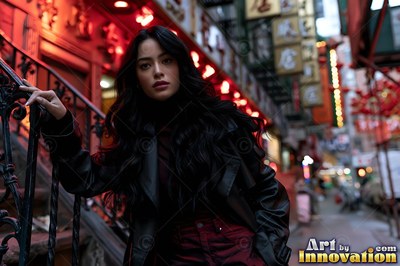 A dark-haired woman in a black leather coat stands on an iron staircase in red neon light