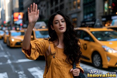 Hailing a cab, a woman in a yellow top stands on a busy street of yellow taxis