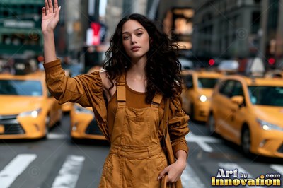 Woman in brown overalls hails a cab on a busy street