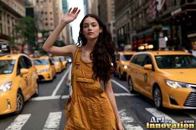 Wearing a mustard overall dress, a woman waves her hand in a street filled with yellow cabs