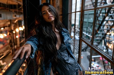 A woman leans on a railing by a window in cool city light