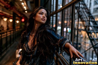 A woman in a denim jacket leans on a balcony rail by tall glass windows